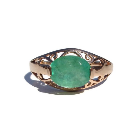 14K Rose Gold Emerald Ring, Natural Green Emerald Gemstone Ring Size 7.5 1.15ct - Picture 2 of 9